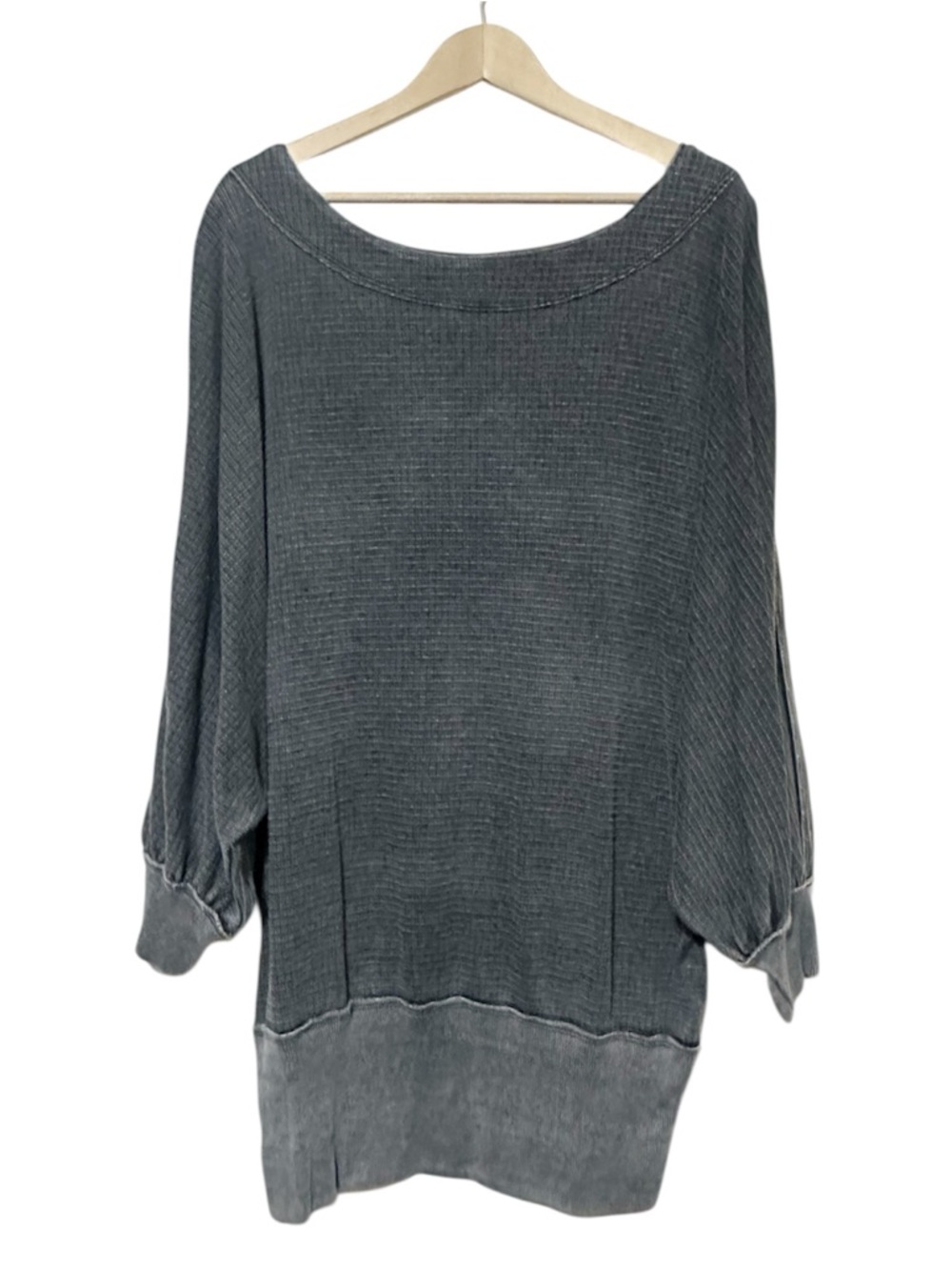 Free People We The Free Gray Mineral Wash Thermal Banded Waffle Knit Top Large - Picture 2 of 8
